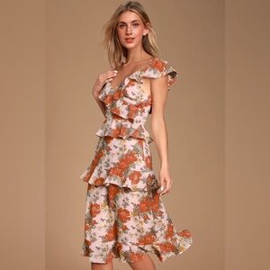 Fleur-Evermore Blush Pink Floral Print Ruffled Midi Dress